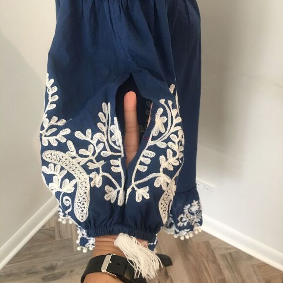 DEBBIE KATZ Boho Blue Off Shoulder Embroidered Pompoms Tassels Dress Cover Up S - Picture 4 of 10